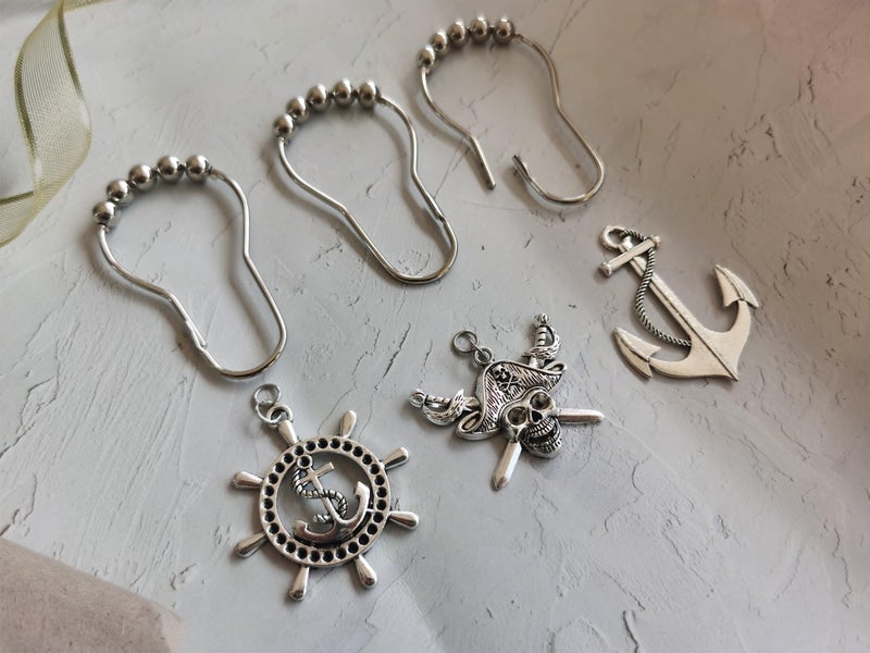 Aimoye Nautical Shower Curtain Hooks Rings - Pirate Skull Anchor Rudder Decorative Bathroom Accessories Set, Silver Metal Shower Hooks for Shower Curtain, Tropical Ocean Beach Sea Theme Bathroom Decor - Image 4